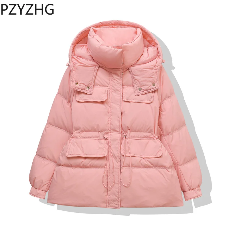 2024 New Autumn Winter Down Jacket Women Hooded Thickened Korean Fashion Workwear Long Sleeve White Duck Down Loose Coat