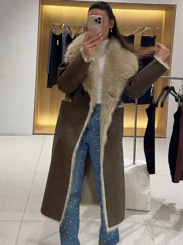 Frauen Retro Reversible Langen Mantel Casual Faux Pelz Revers Einzigen Taste Tasche Jacke Damen Winter Mode Straße Warme Outwear