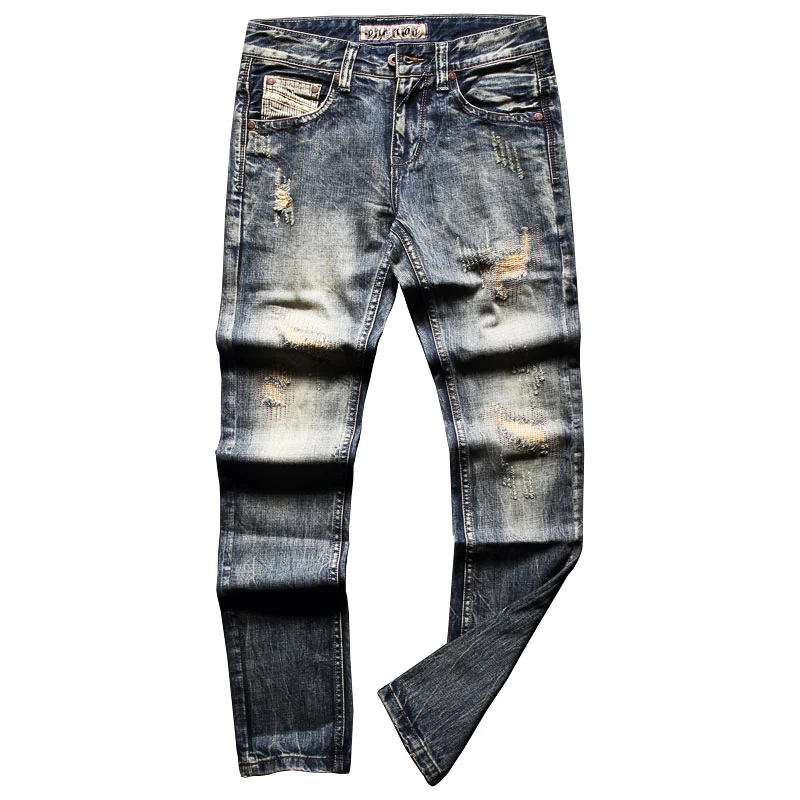 Streetwear moda masculina calças de brim retro azul fino ajuste destruído rasgado jeans retalhos designer vintage casual denim calças hombre