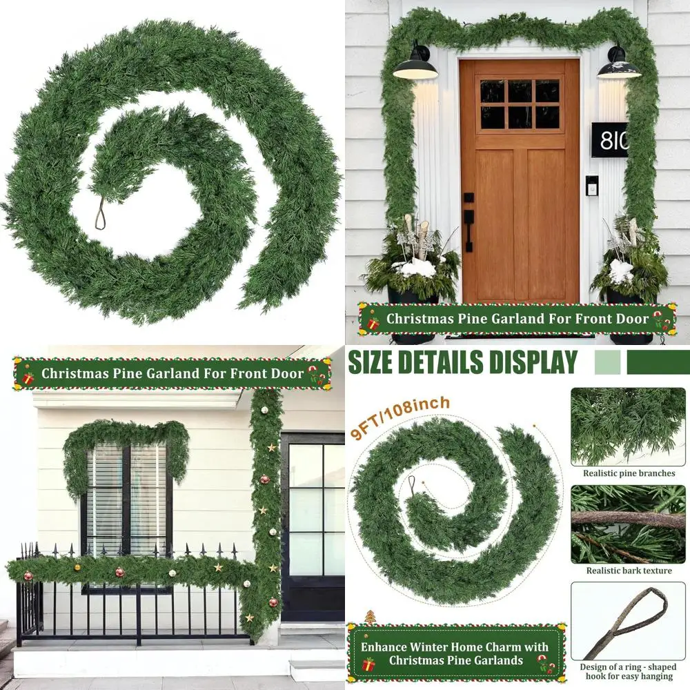 

Thick 9-Foot Real-Touch Pine Garland for Christmas - Cypress Decorations for Indoor & Outdoor Holiday Use
