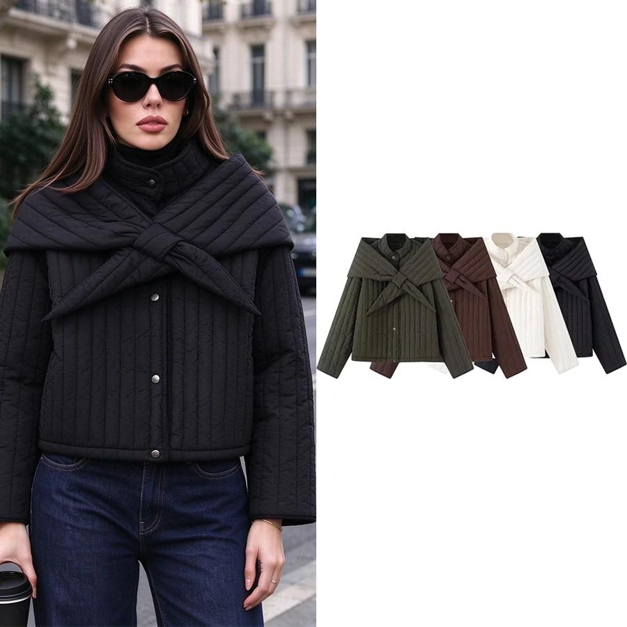 Women Solid Vertical Quilted Short Cotton-Padded Jacket Women Single-Breasted Long Sleeve Winter Fashion Street Lady Outerwear