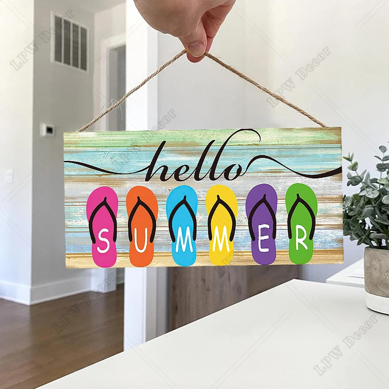 Rustic Hello Summer Wall Hanging Decor Wood Art Plaques Sign Door Sign for Home Living Room Bedroom Decor