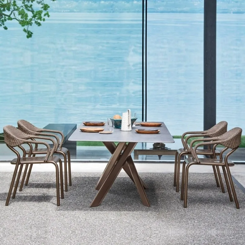 Nordic outdoor dining table rattan chair light luxury rock slab balcony creative courtyard simple leisure villa combination