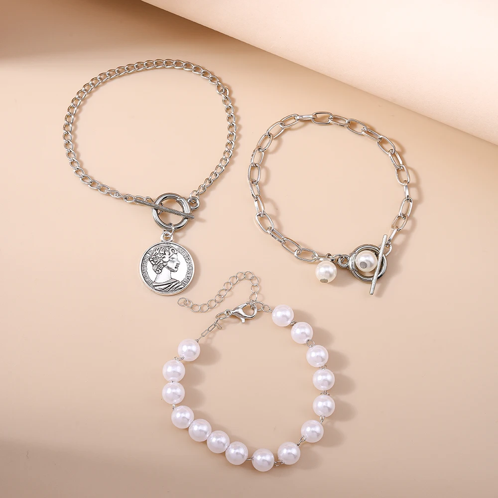 Aihua 3-teiliges Set Modische Perlen-Elizabeth-Münzarmbänder & Armreifen Trendige Farbige Ketten-OT-Gliederarmbänder Damen-Schmuck Geschenke – Detail 5