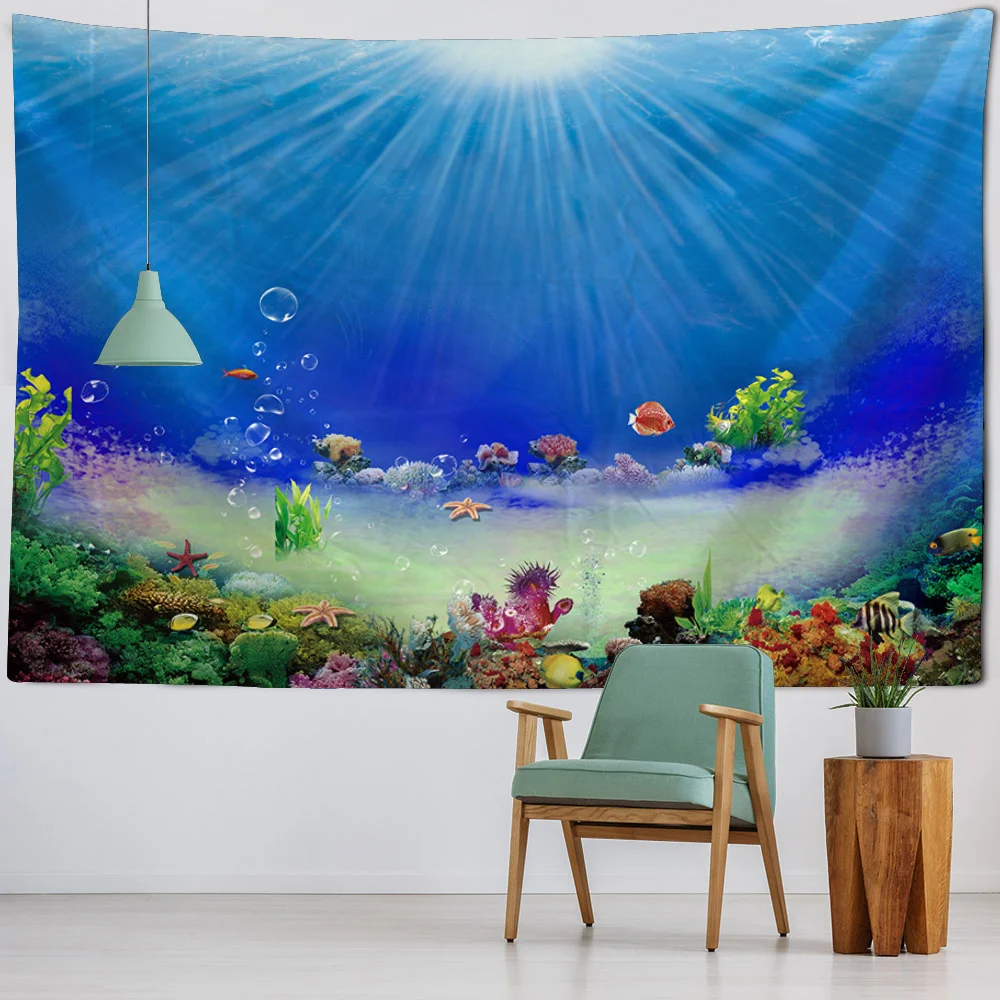 해저 태피스트리, 바다 벽에 거는 햇빛, 돌고래 및 불가사리 배경 천, 만화 집 장식 / 가정용 천 제품, image size:1000x1000
