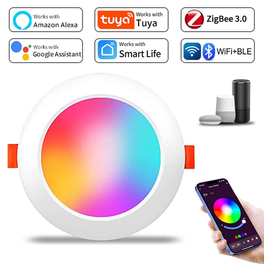 Tuya ไฟดาวน์ไลท์ LED Wifi อัจฉริยะ RGB 5W 7W 10W 15W LED หรี่แสงได้ดาวน์ไลท์ควบคุมด้วยเสียงทำงานร่วมกับ Alexa Google Home