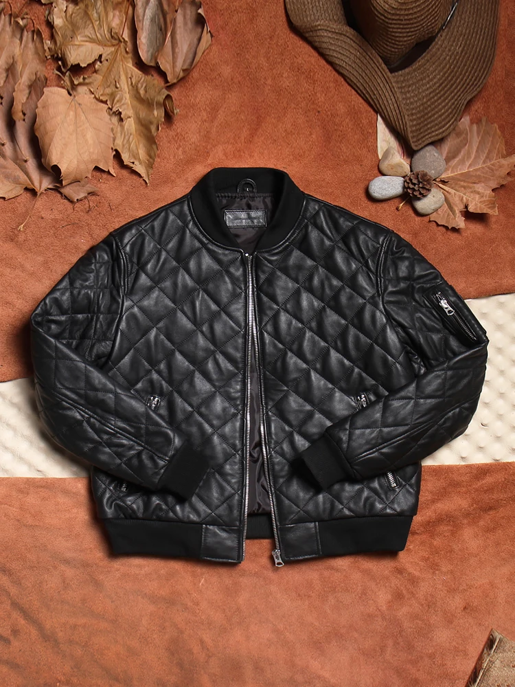 

2025 Classic casual genuine leather jacket.Popular soft Plaid cotton coat.Plus size black sheepskin bomber clothing