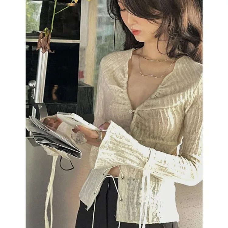 Vintage Fashion V-neck Ruched Shirts Women Spring New Slim Fit Blouses Y2k Grunge Long Sleeve Drawstring Blusas Mujer