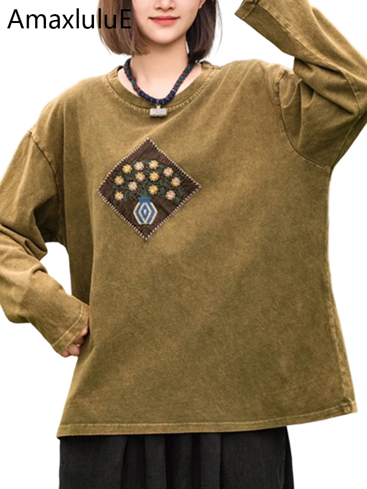 

Amax LuluE 2026 Весенняя коллекция: Китайские женские футболки свободного кроя с вышивкой, повседневные топы с цветочным узором, классическая винтажная хлопковая одежда для женщин