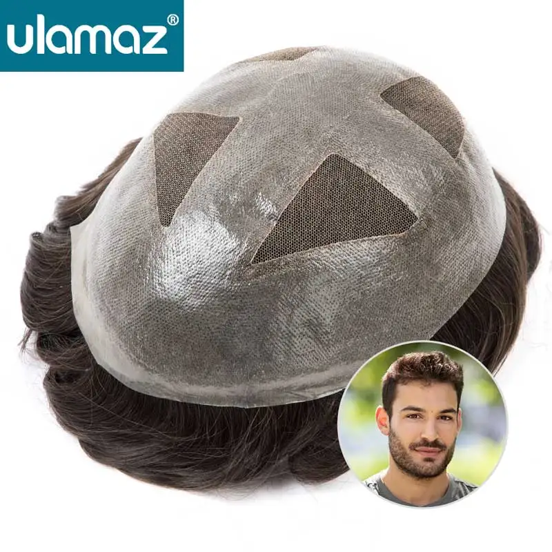 

0.06-0.08mm Thin Skin Men's Wig Breathable Lace Pu Toupee Wig Man Natural Hairline Male Hair Prothesis 100% Natural Human Hair