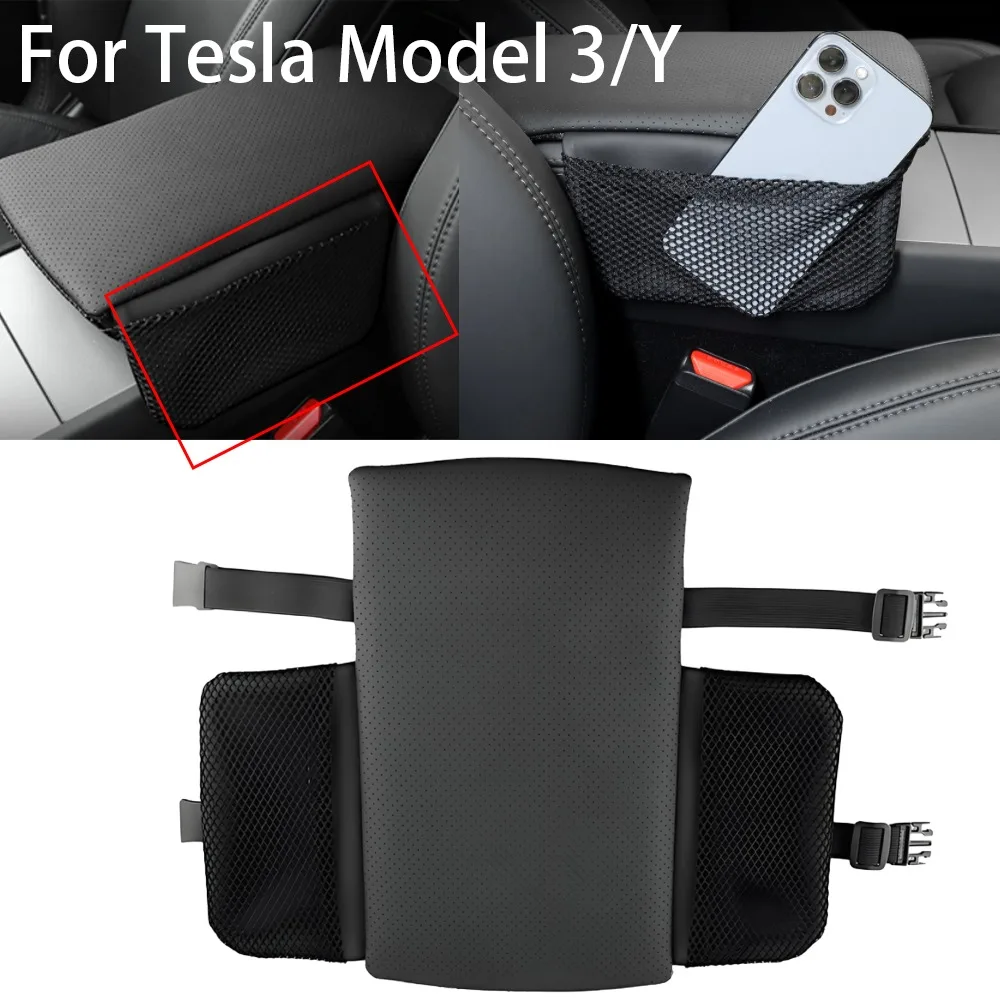 

Leather Armrest Cushion Pad With 2 Storage Bags Center Console Protector Cover For Tesla Model 3 Y Highland Juniper 2017-2025