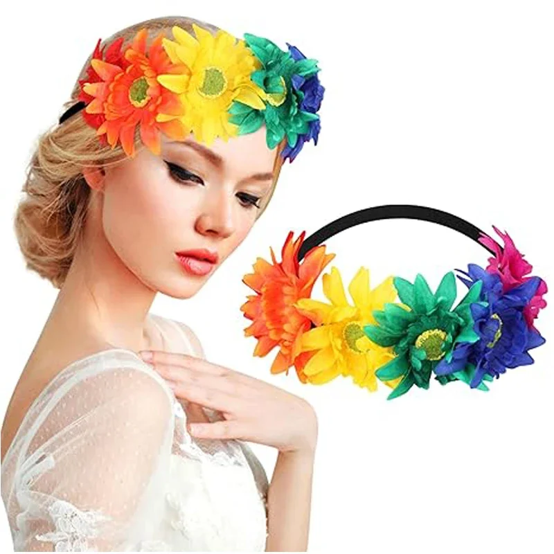 3PCS Sunflower Crown Bohemian Elastic Rainbow Flower  Headband  for Women and Girls Hair  Headband