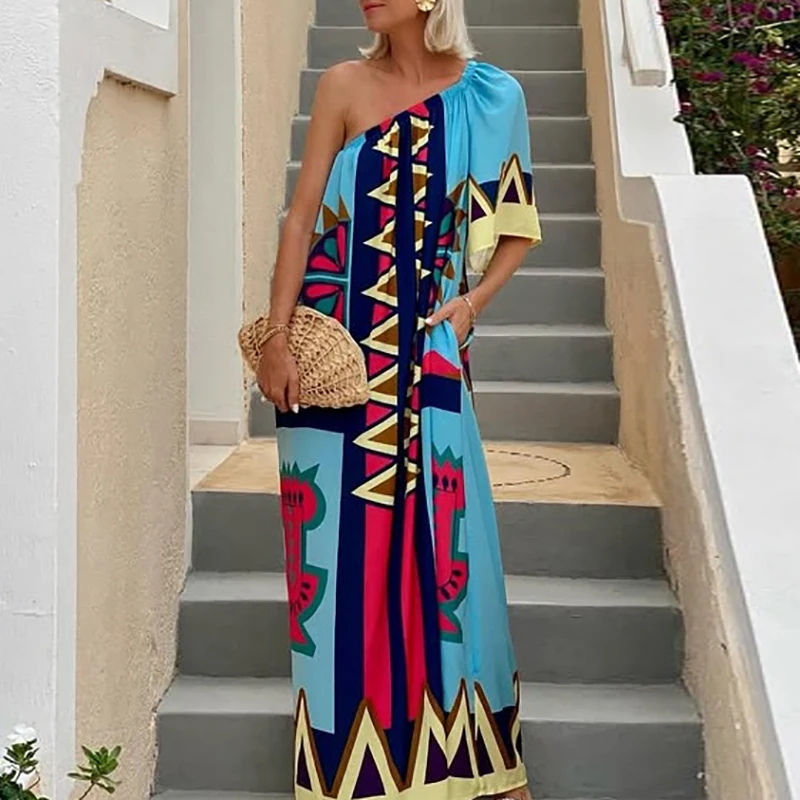 Abito ampio con tasca stampata geometrica Abito estivo asimmetrico con spalle scoperte a maniche corte Nuovi abiti Boho con collo inclinato per le vacanze
