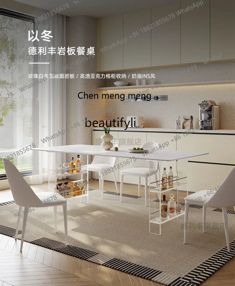xx1Acrylic suspended rock slab dining table with rack storage rectangular white dining table