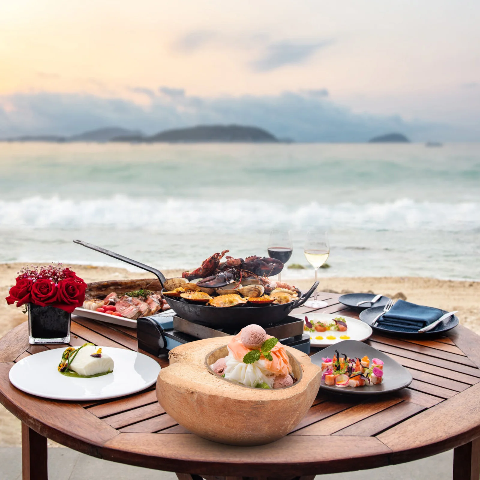 

Natural Coconut Shell Dessert Serving Bowl Small Snack Storage Fruit Holder Stable Base Suitable for Beach Luau Party