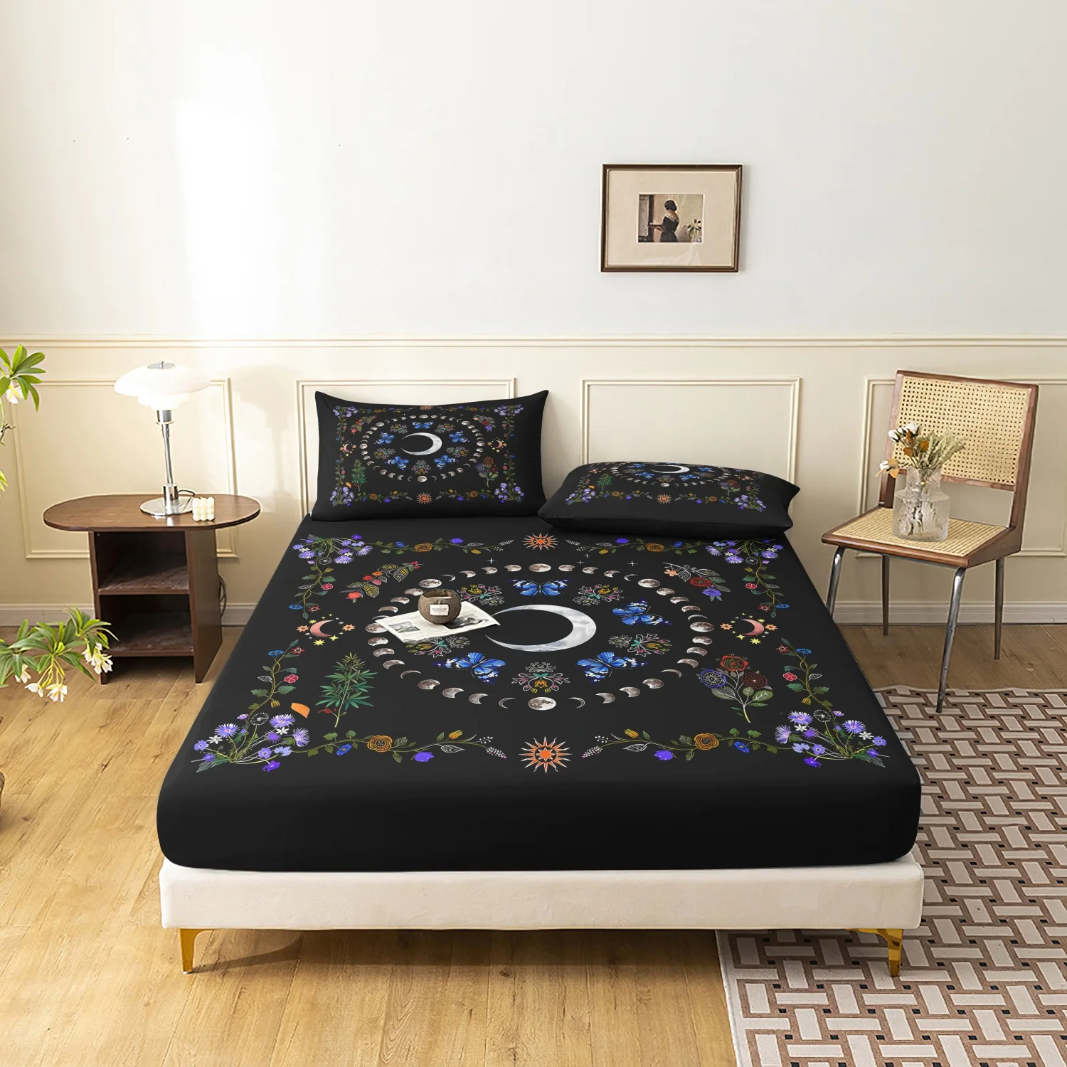 

3pcs Gothic Crescent Moon Floral Print Fitted Sheet Set, Celestial Boho Fitted Sheet Set(1 Fitted Sheet+2 pillowcases,No Pillow)