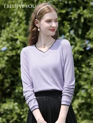 I BELIEVE YOU Solid V-neck Jacquard Long Sleeve Knitted T-shirt Top for Women 2024 Autumn Interior Bottom T-shirts 2244015765
