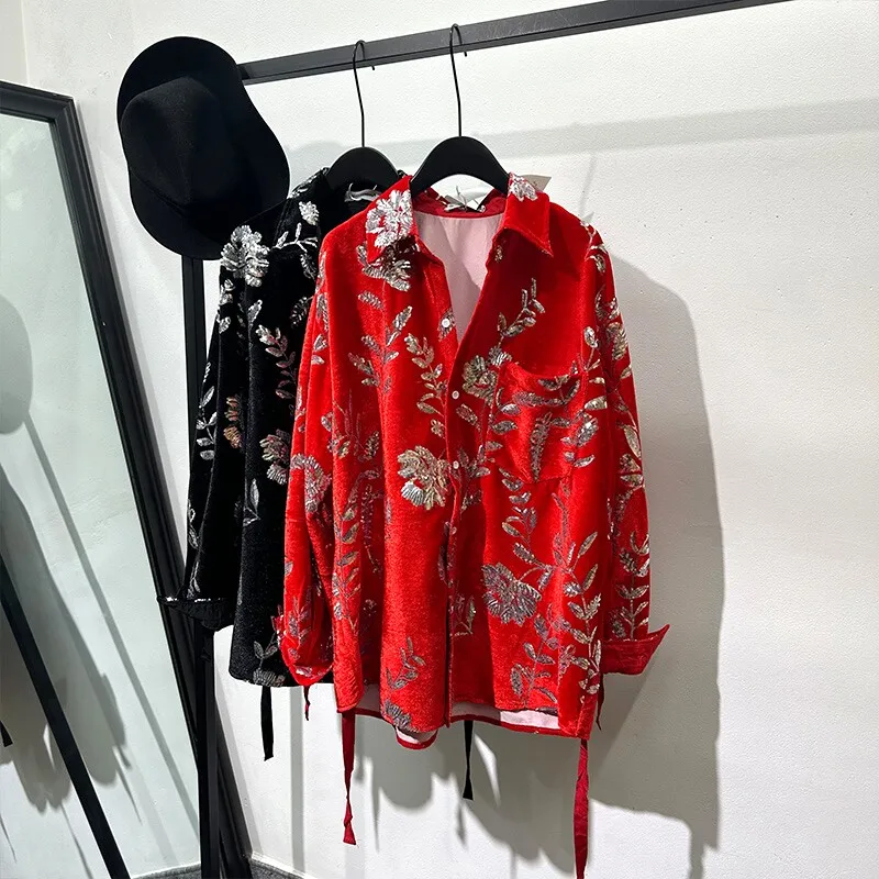 Fashionable and Color Printed Loose Long Sleeves Shirt, Retro Velvet Sequins Performance Wear