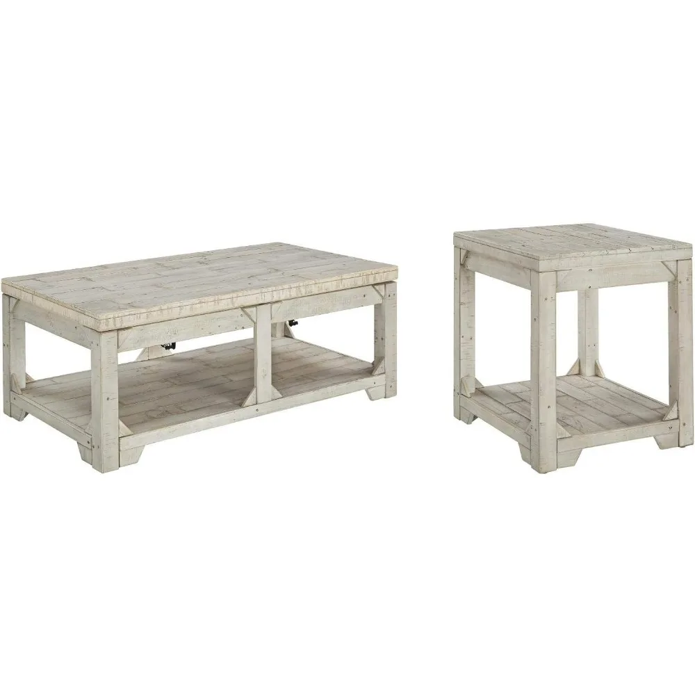 طاولة قهوة مستطيلة على طراز Ashley Fregine Signature Farmhouse مع سطح رفع ورف أرضي، لمسة نهائية من غسيل أبيض