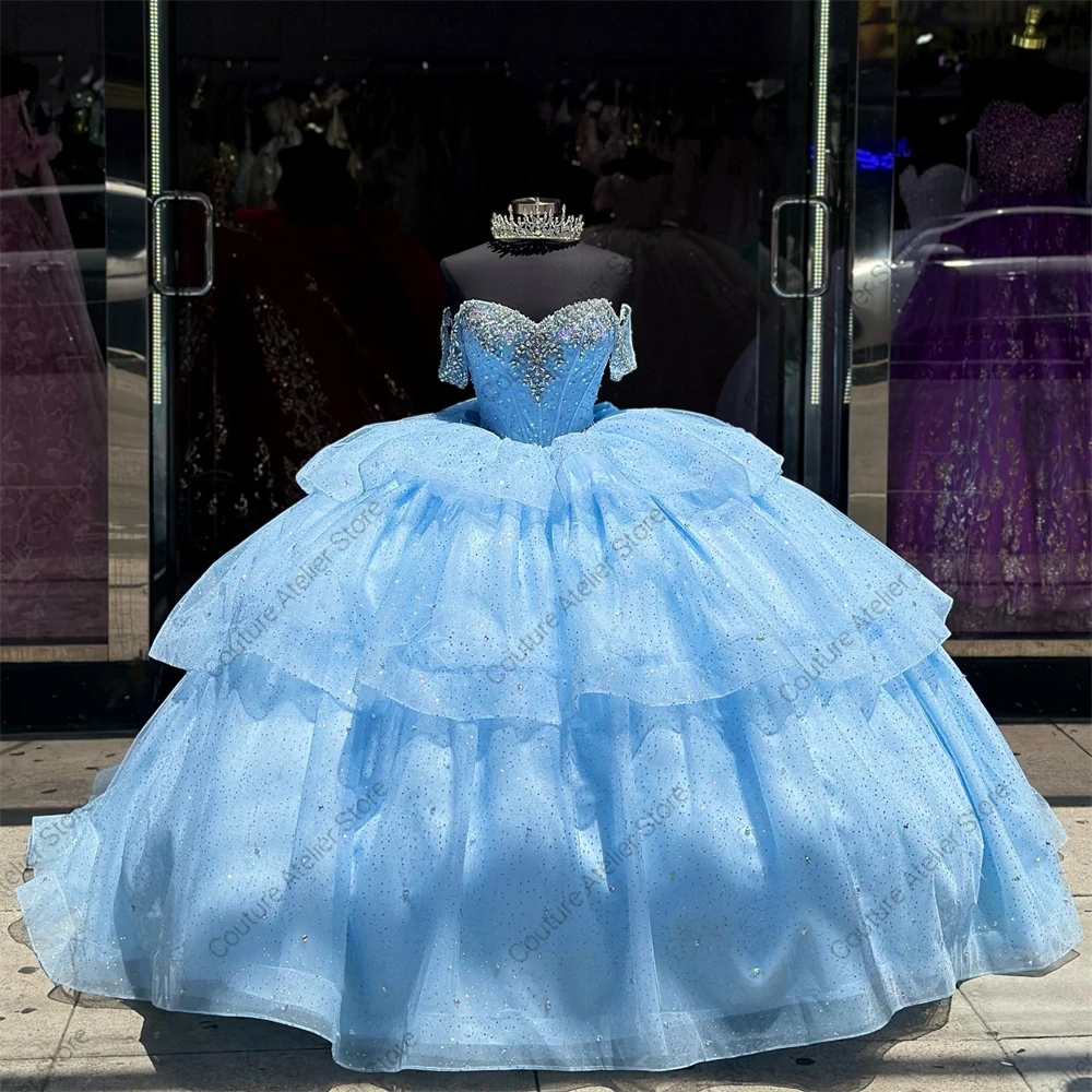 Fora do vestido de princesa ombro, Ruffels azul gelo, cristais brilhantes, vestidos Quinceanera, vestido de baile mexicano, 15 quin