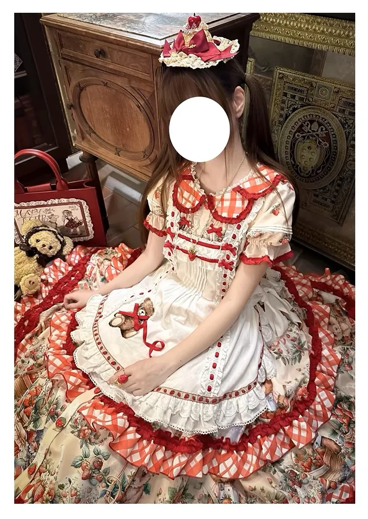 Princess Tea Party Lolita ชุดสาวผู้หญิงน่ารักสตรอเบอร์รี่หมีพิมพ์หวาน Kawaii ชุดวันเกิดชุดผ้ากันเปื้อน Loli Cos ชุด