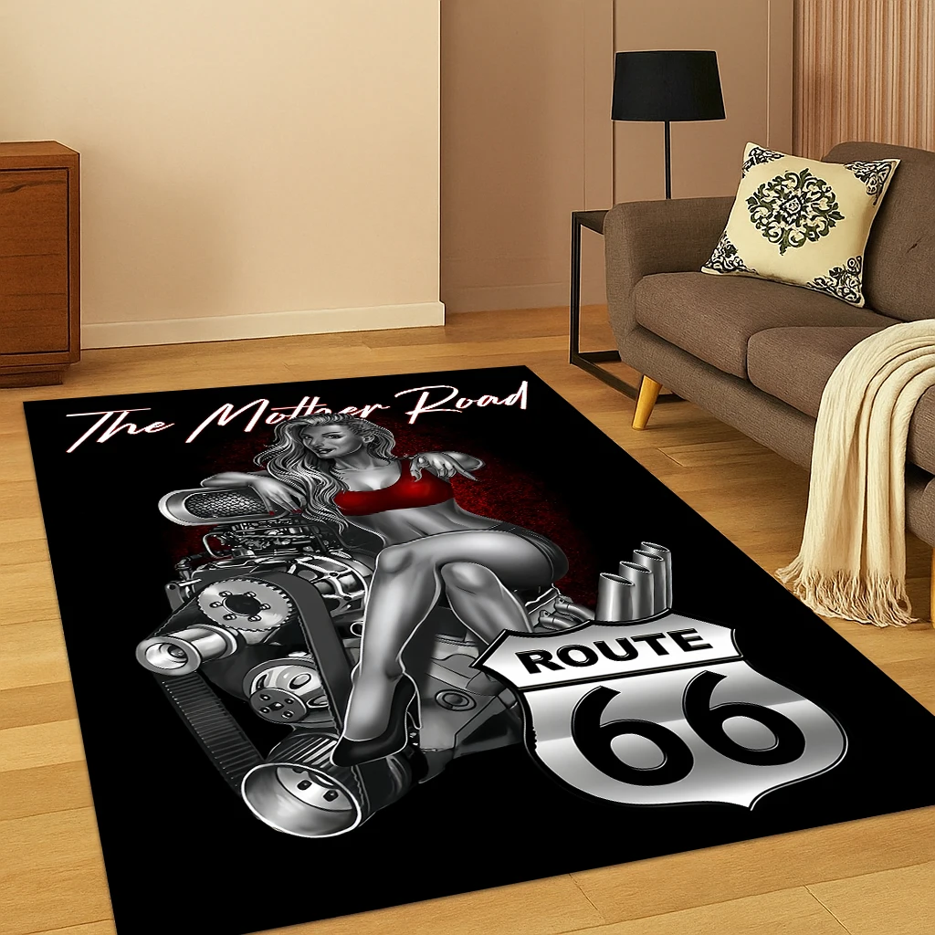 Route 66 Retro America Mother Road Teppich für Wohnzimmer, Sofa, Zuhause, Schlafzimmer, Küche, Fußmatte, Dekor, Spielzimmer, rutschfeste Matte