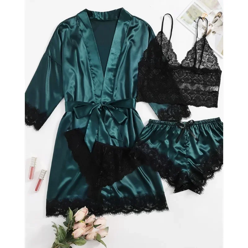 Black Sexy Women\'s Pajamas Satin 4-piece Lace Silk Suspender Tops Shorts Robe Pajamas Set Nightgown Underwear Nightdress Suit