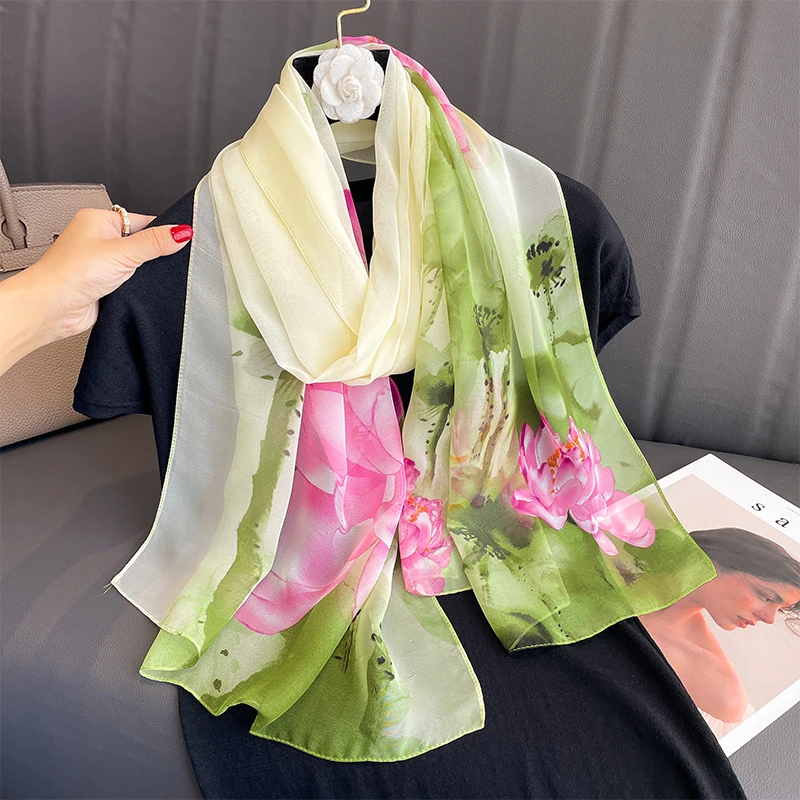 Luxury Brand Women Beach Scarf Georgette Silk Shawls Design Print Headband Female Summer Headband Wraps Sunscreen Hijab 2023