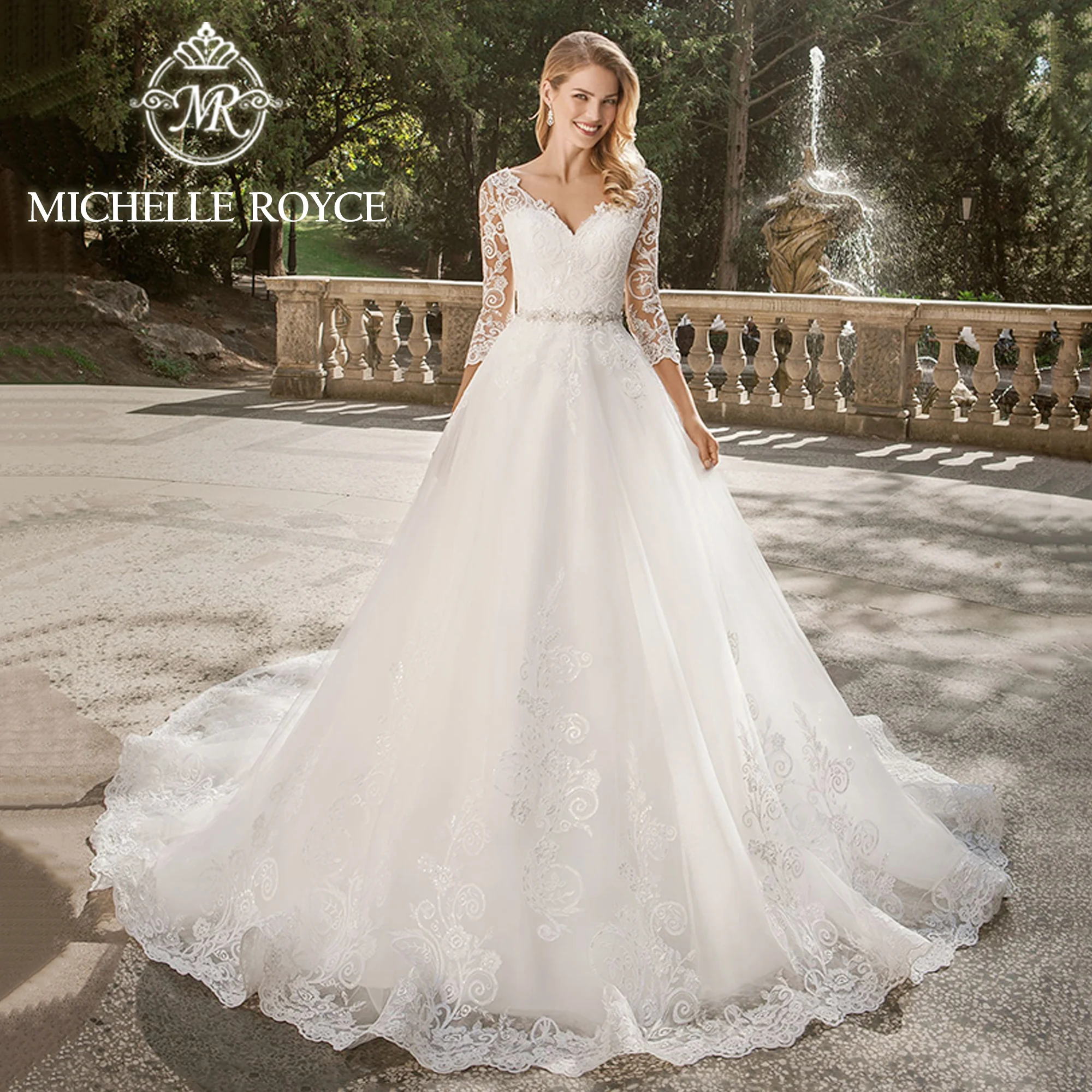 Michelle Royce baljurk trouwjurk met kralen riem driekwart elegante mouw rechter trein trouwjurk vestidos de novia