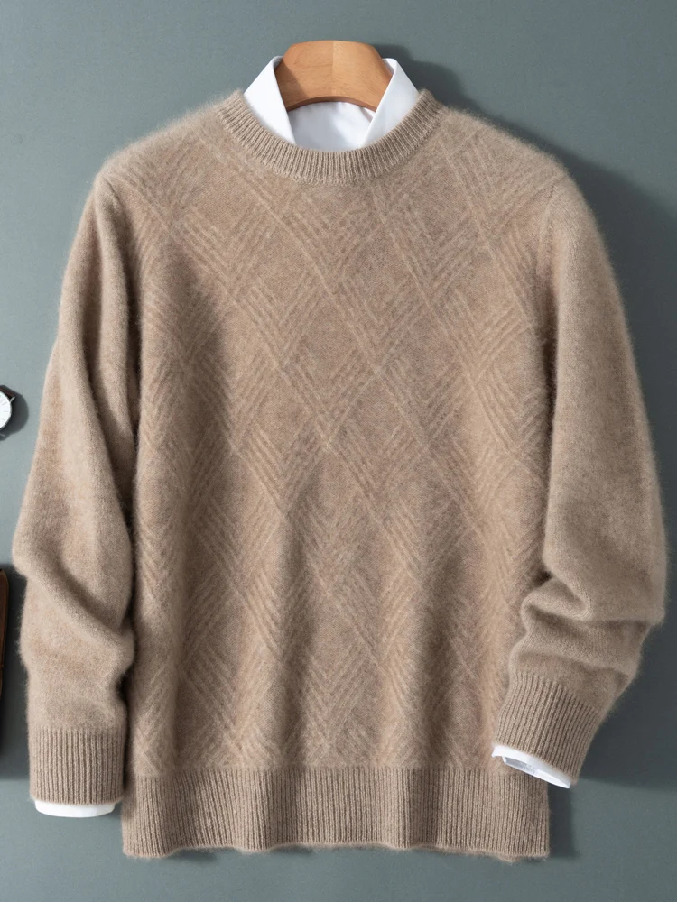 Autumn Winter 100% Pure Wool Pullover Sweater Men's Half High Collar Diamond Pattern long Sleeve Knitted Top Loose Cashmere Base