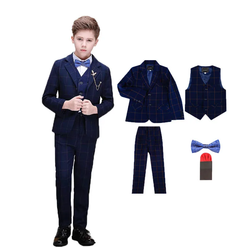 Children Blue 4Pieces/Set Jacket Vest Pants Bowtie Party Suit Kids Photograph Graduation Birthday Costume Boys Wedding Dress