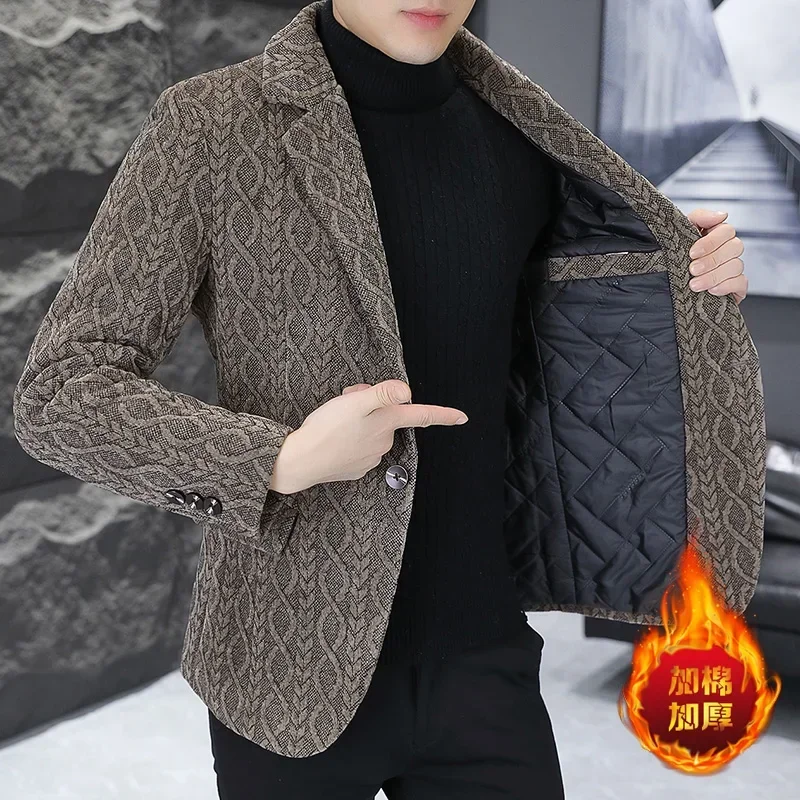 

2024-New Men's Fashion Gentleman Slim Casual Golden Sable with Cotton Thickened Warm Everything with Elegant Korean Slim Blazer