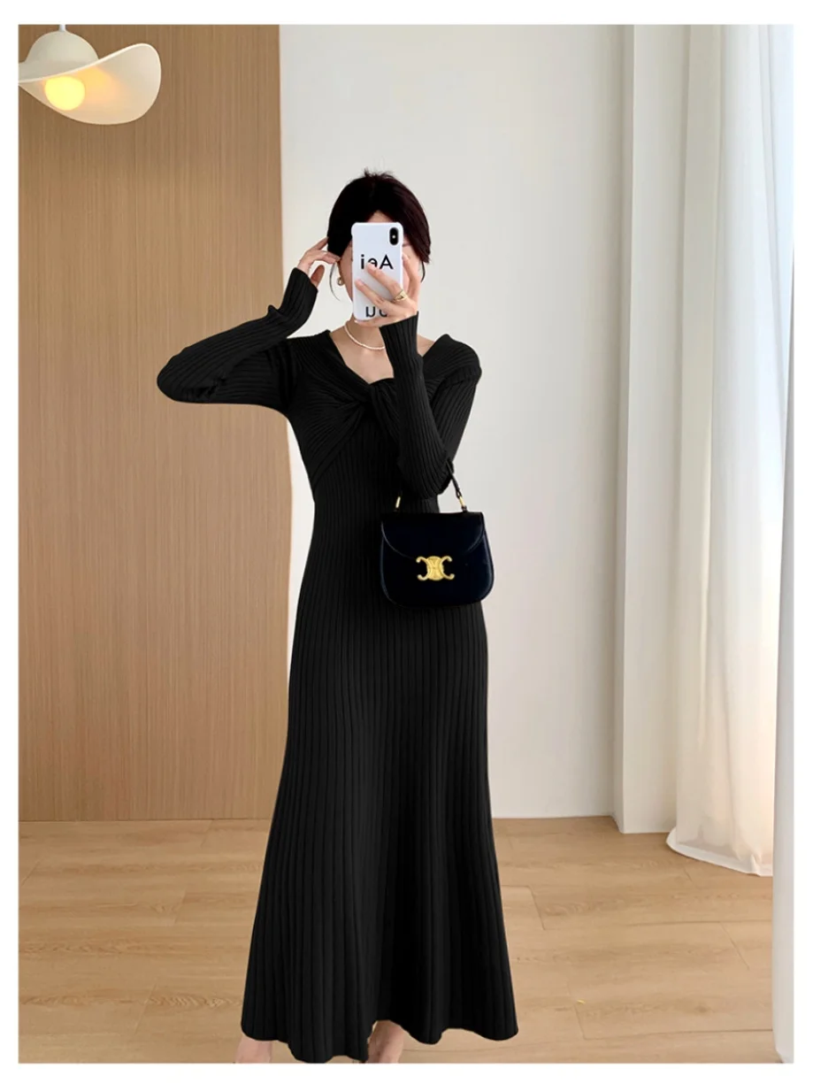 Saia Longa de Tricô Slimming de Cintura Alta, Modelo Bodycon, Um Ombro, Camada Base Vermelha, Outono Inverno, Cor Pura