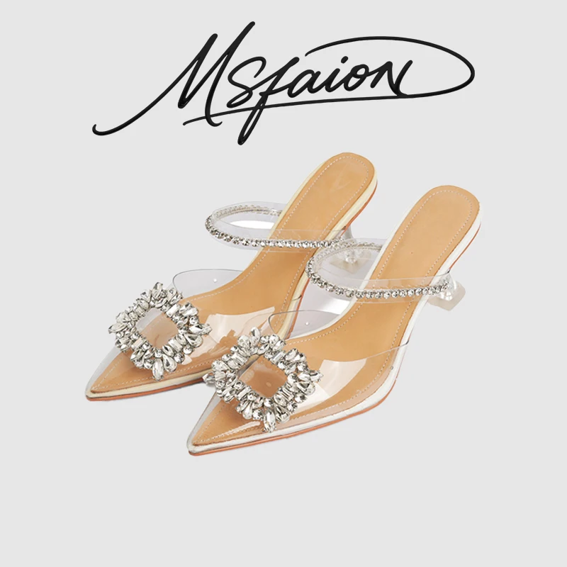 

Элегантные женские мюли с квадратной пряжкой, прозрачные, из ПВХ, со стразами, на скульптурном каблуке, для торжественных случаев