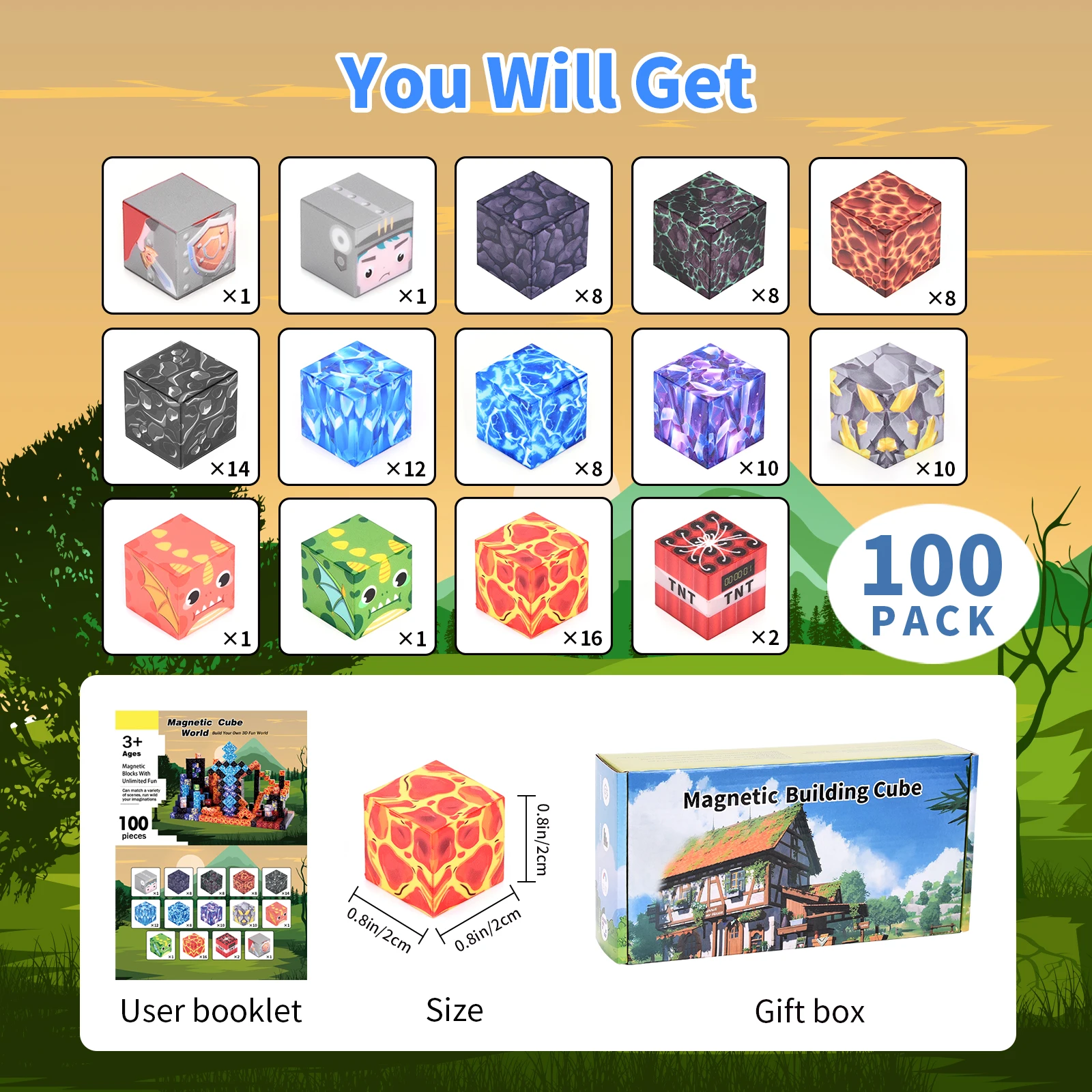 100 blocs magnétiques, cubes magnétiques – jouets STEM pour enfants 3+. Cadeaux d'Halloween/Natale empilables et parfaits pour garçons et filles