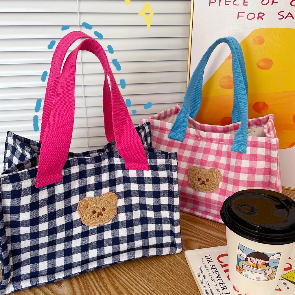 1 Piece Cute Lunch Bag for Girl Cartoon Bear Colorful Checkered Food Bag for Kids Sweet Portable Thicken Snack Storage Bag