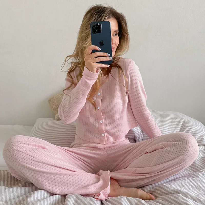

New Spring Autumn Pink Color Knitted Loose Comfortable Soft Long-sleeved Trousers Pajamas 2PCS Home Clothes Home Wears Nightwear