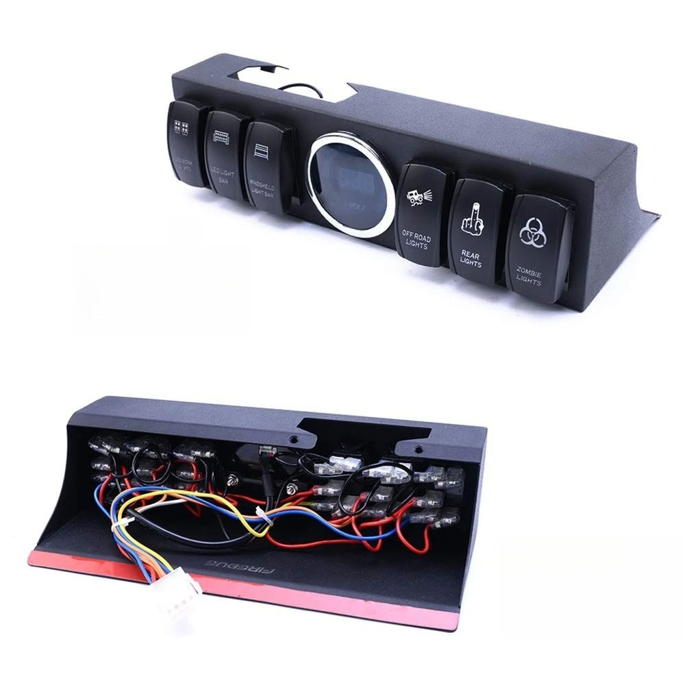 for Jeep Wrangler JK 07-18 6 Gang Switch Panel Fuse Relay Box, Line Modification Switch Control Assembly LED Digital Voltmeter