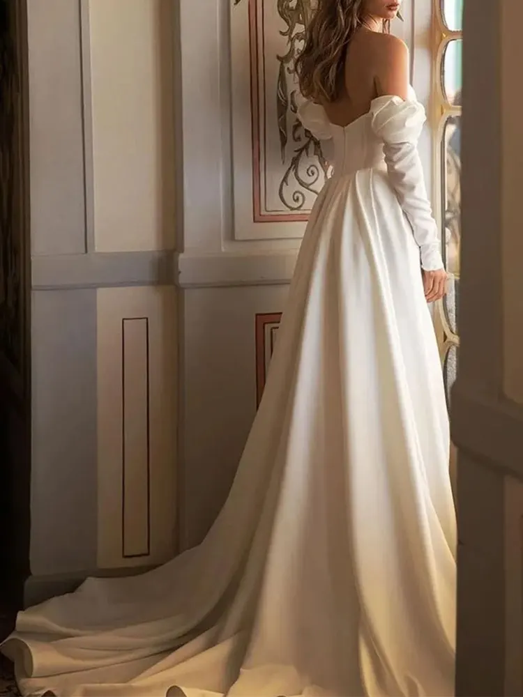 Branco cetim sem alças vestidos de casamento plissados vestidos de noiva até o chão alta fenda lateral destacável mangas compridas vestido de noiva2024