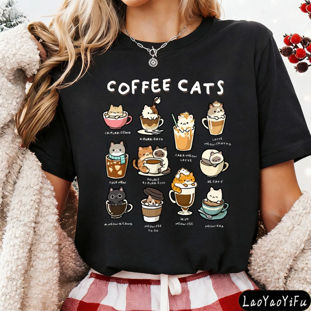 Coffee Cats Shirt Funny Cat Gifts for Barista Kawaii Cats Gift Cute Cartoon Cat Print Short Sleeve Clothes Womem Kawai Clothes