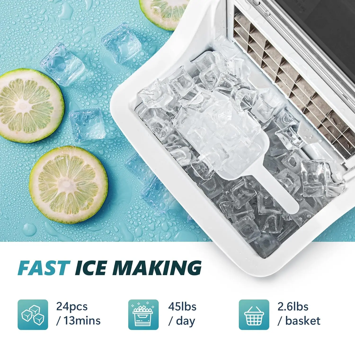 Ice Cube Maker Machine, bancada, 2 maneiras de adicionar água, 24 pcs pronto em 13 minutos, 45Lbs/Day