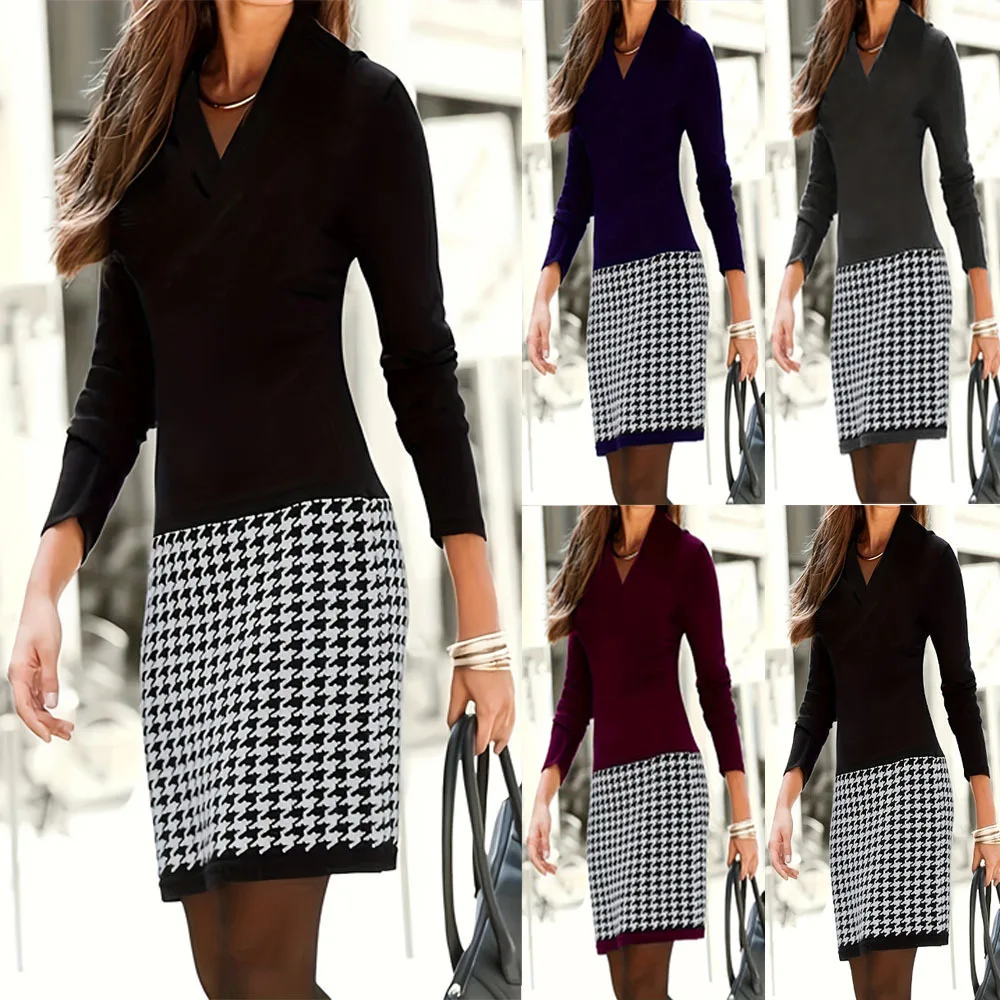Autumn Houndstooth Patchwork V-Neck Long Sleeve A-Line Maxi Dress Women's Elegant Commuter