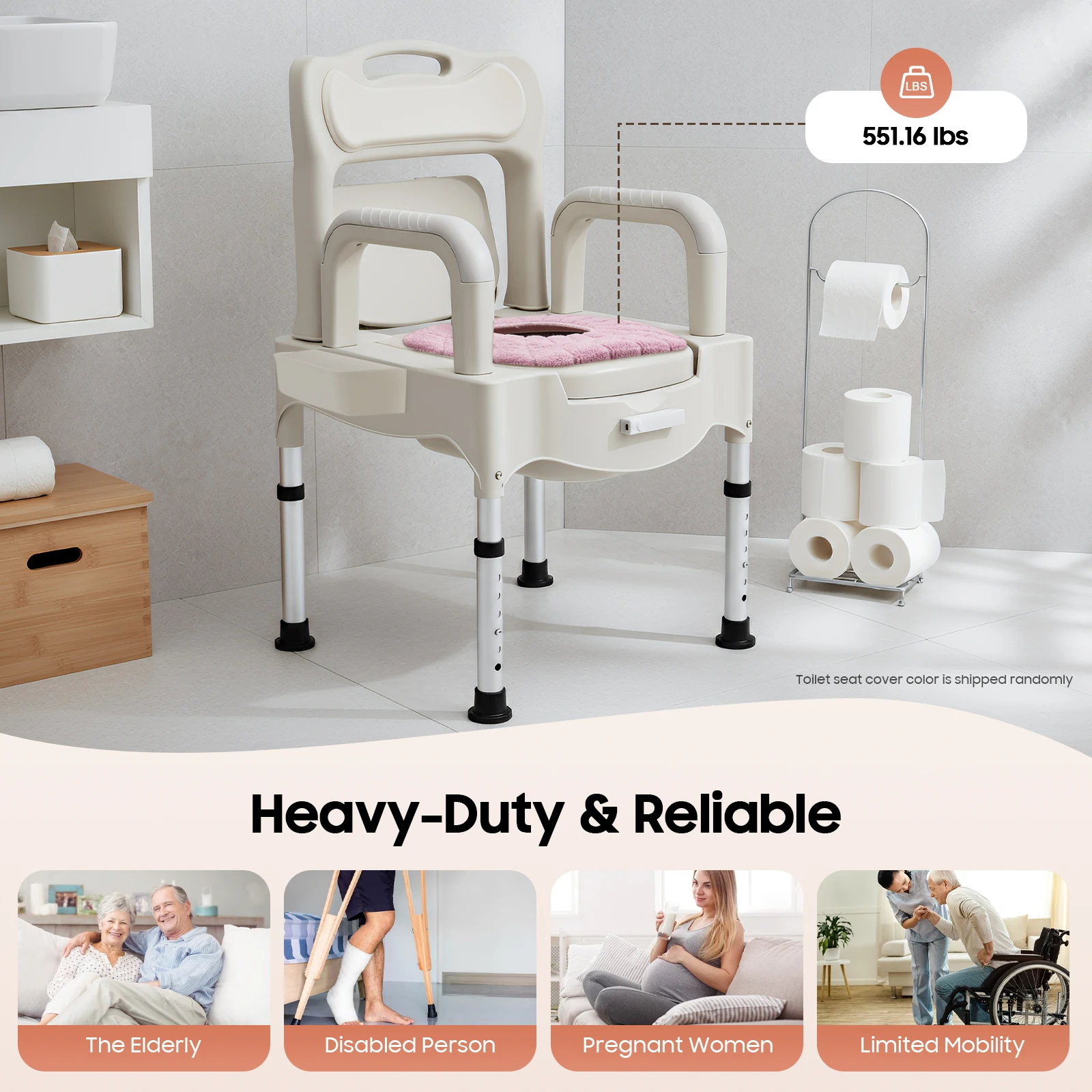 

Туалетное кресло для пожилых людей с ограниченными возможностями, регулируемая по высоте рама из алюминиевого сплава с подушкой из полиуретана и ночником, противоскользящая конструкция