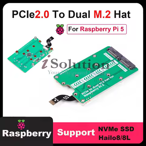 103110064 PCIe2.0 to dual M.2 hat for Raspberry Pi 5,Support NVMe SSD, Support Hailo8/8L, Google Coral AI accelerators