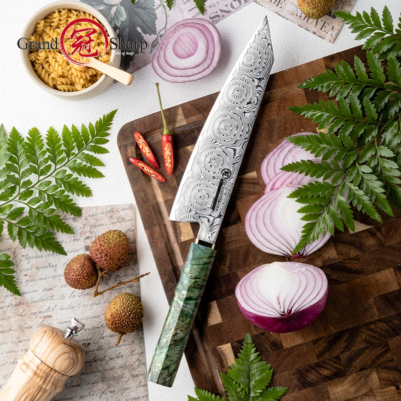 Grandsharp 8 Inch Kiritsuke Knife 67 Layers Damascus Steel Green Solidified Wood + Copper Bolster Handle Chef Meat Food Cutter
