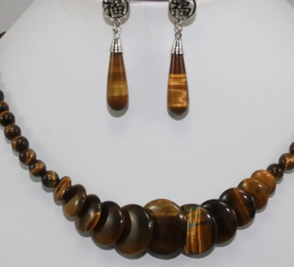

Women's simple fashion silver plated long Water Drop Earrings + tiger eye stone round piece shaped tower chain set