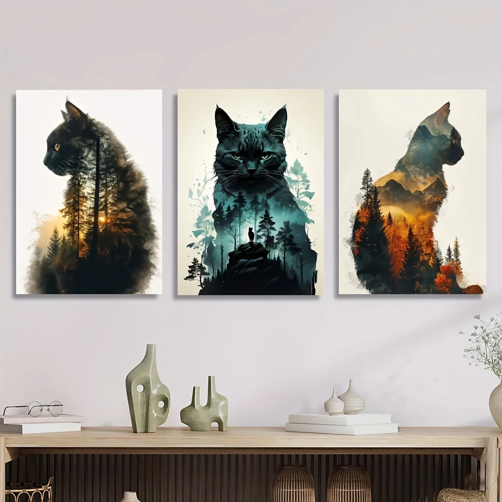 3pcs Frameless Retro Cat Canvas Wall Art Print, Abstract Cats Sunset Wall Art Pictures For Living Room And Bedroom Decor Gifts