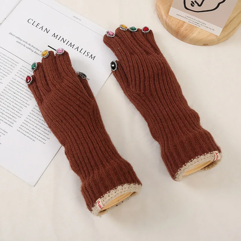 Frauen Winter Warme Gestrickte Volle Finger Handschuhe Solide Wolle Luxus Strass Mädchen Mode Touchscreen Fäustlinge Weibliche Drving – Detail 6