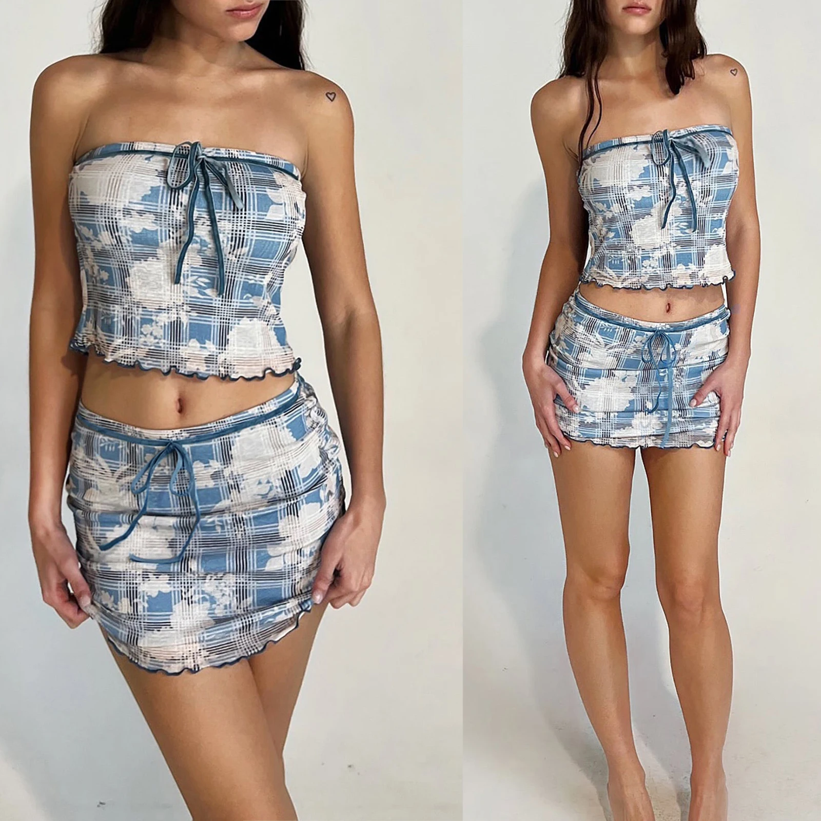 

Women's Summer 2 Pieces Outfits Fashion Print Tie-Up Boat Neck Strapless Backless Tube Tops Mini Skirt Sexy Clothes Set