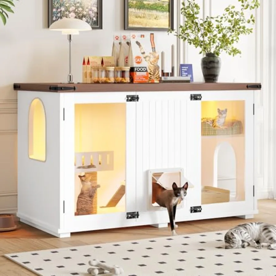 47.25 Large Cat Litter Box Enclosure with LED Light Stairs Cat Scratching Post Hidden Litter Box Furniture Wooden Pet House Sid